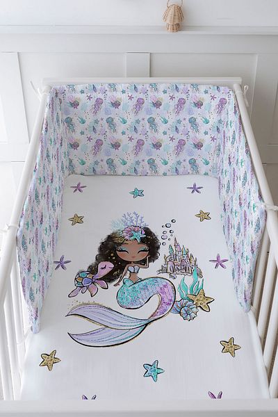 Tuğba Kuğu Baby Bedside Protector and Printed Sheet Sleeping Set - Iconic Series - Brunette Mermaid