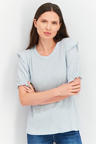 Wilt Women Crew Neck Puffed Sleeve Textured Tops, Baby Blue