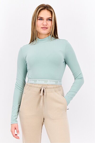 Dickies Women Mock Neck Long Sleeve Brand Logo Crop Top, Jade Green