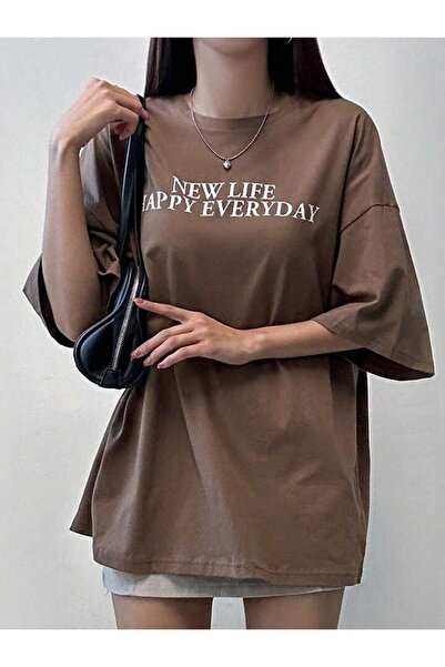 trendgar new life printed καφέ μπλουζάκι unisex oversize