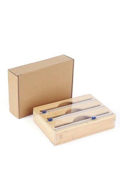 Kuka Bamboo Cling Film Foil Organizer with 3 Stretch Foil Cutter Durable Kitchen Supply 33X21