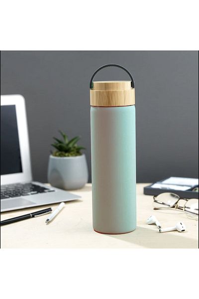PUFOTTO Termos metalic Pufo Traveler cu capac etanș din bambus, izotermic, 500 ml, albastru