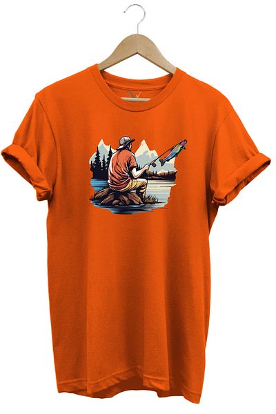 WİDİ Fishing T-Shirt 100% Cotton Regular Fit Trout Hunting Printed with Fishing Rod