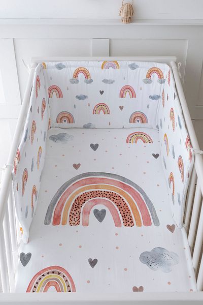 Tuğba Kuğu Baby Bedside Protector and Printed Sheet Sleeping Set - İconic Series - Salmon Rainbow