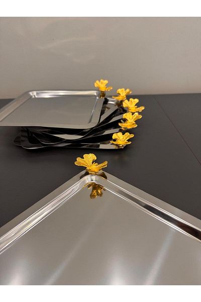 Abant Lux Square Stainless Steel 6 Piece Coffee Presentation Tray with Yellow Butterfly Accessories