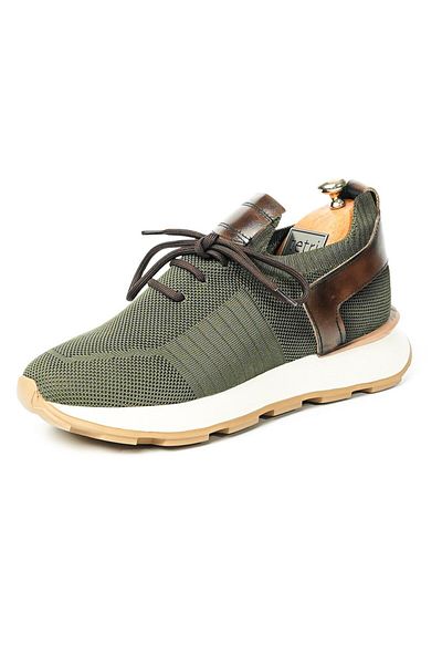 TETRİ Leonidas Model Genuine Leather Khaki Men's Knitwear Sneaker - Handmade