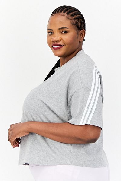 adidas Women Plus Size Short Sleeve Training Future Icons 3 Stripe T-shirt, Grey