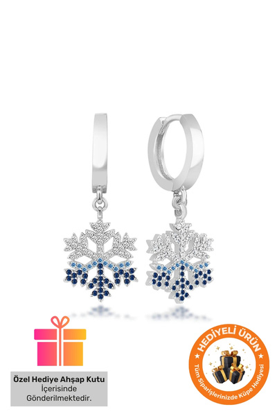 Lucente Jewellery Hediye Kutulu Mavi Kar Tanesi Küpe 925 Ayar Gümüş Kaplama Sallantılı Sallanan Kartanesi Zirkon Taşlı