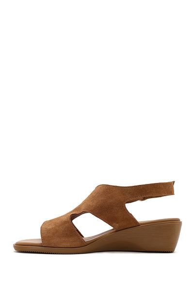 Derimod Women's Tan Ankle Buckle Wedge Heeled Suede Leather Sandals 25Sfd 153210