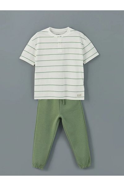LC Waikiki Lcw Kids Ecru Crew Neck Striped Boys T-Shirt and Pants 2-Pack