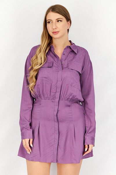 NA-KD Women Seam Detail Spread Collar Casual Mini Shirt Dress, Purple