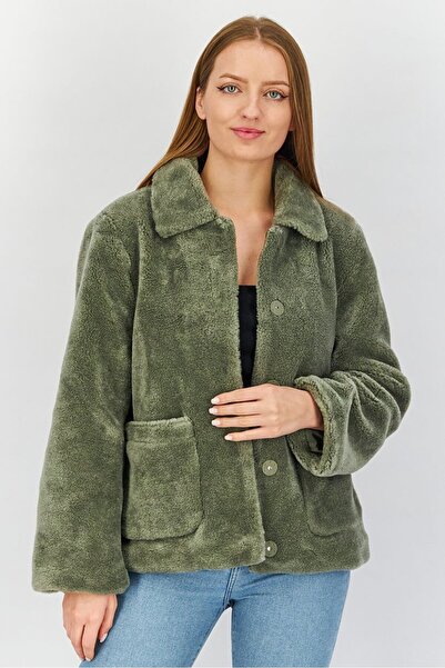 REBECCA MINKOFF Women Faux Fur Long Sleeve Jacket, Olive