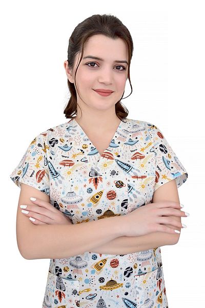 Nur Medikal Giyim Unisex White Master Lycra Planet Themed Cotton Single Top Jersey