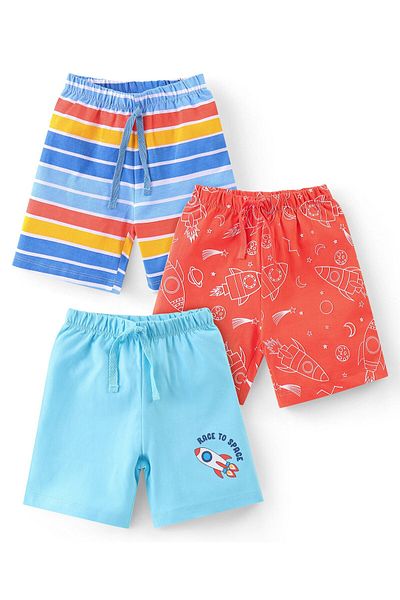 Babyhug Babyhug Cotton Knit Space Shuttle Printed & Striped Shorts Pack of 3 - Multicolor