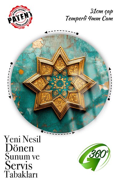 Sunum360 Seljuk Antique Patterned, Luxury Serving Presentation Plate with Rotating Stand, Rotating Cake and Cheese Plate Stand