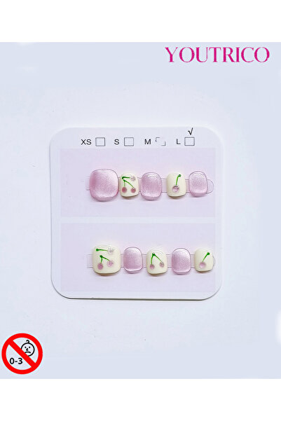 Youtrico أظافر صناعية للأطفال مصنوعة يدويًا بنسبة 100% بنقوش الكرز: آمنة للأط...