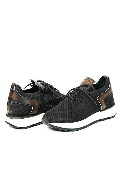 TETRİ Leonidas Model - Genuine Leather Knitwear Men's Black Sneakers