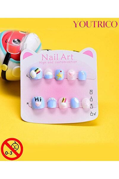 Youtrico أظافر صناعية للأطفال مصنوعة يدويًا بنسبة 100%، لون أخضر سحابي قوس قز...