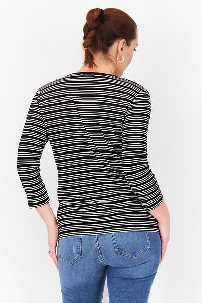ZERO Women Round Neck Long Sleeves Stripe Top, Black Combo