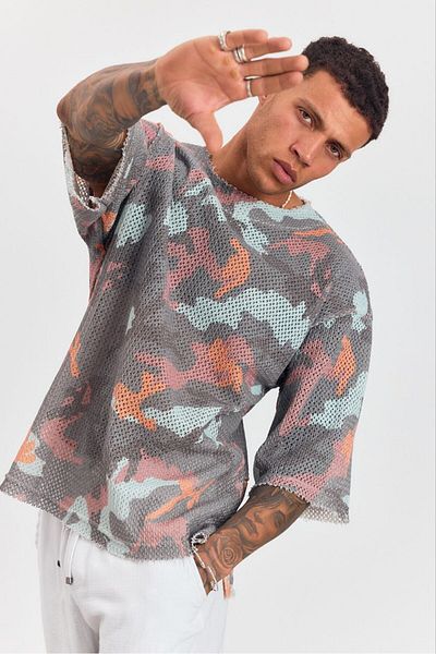 İLKCET MODA Knitted Jacquard Half Sleeve Oversize Tshirt