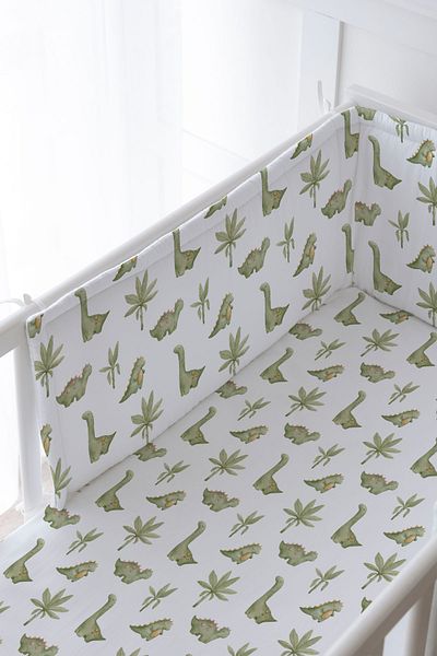 Tuğba Kuğu Baby Bedside Protector and Printed Sheet Sleeping Set - İconic Series - Green Dinosaurs