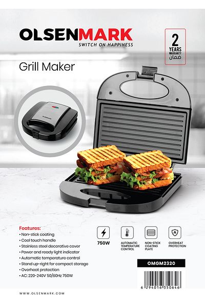 Olsenmark 750 W 2-Slice Grill Maker- OMGM2320, sandwich maker Non-Stick Plates