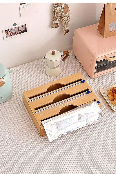 Kuka Bamboo Cling Film Foil Organizer with 3 Stretch Foil Cutter Durable Kitchen Supply 33X21