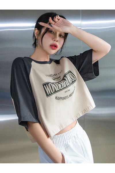 VBSVİBES Υπέροχη διάθεση Single Jersey Crop T-Shirt - Beige White printed Oversize T-Shirt Crew Neck