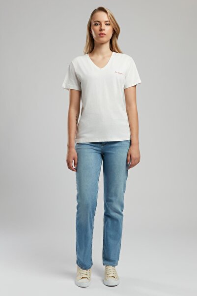 Lee Cooper Sade Kadın %100 Pamuk V Yaka T-Shirt Ekru