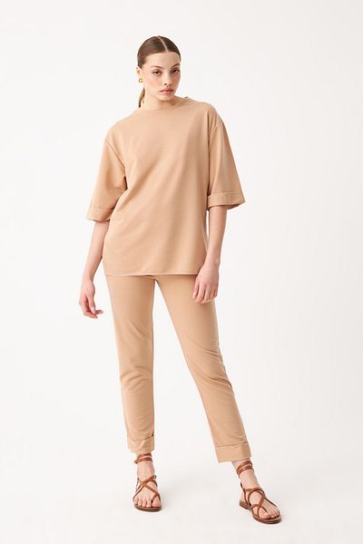 Know Women's Camel Crew Neck Double Sleeve and Leg Bottom Top Set