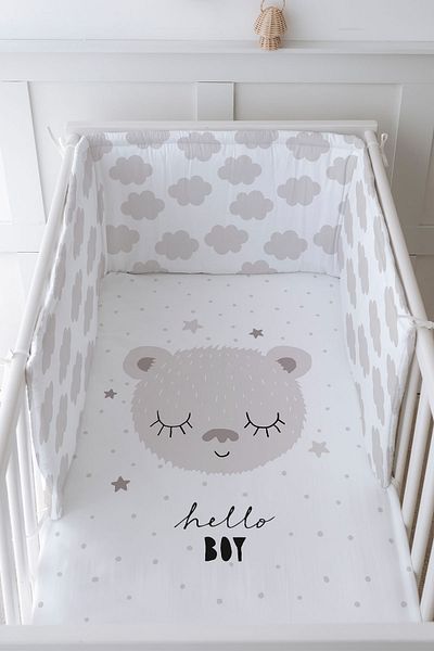 Tuğba Kuğu Baby Bedside Protector and Printed Sheet Sleeping Set - İconic Series - Brown Eared Teddy Bear