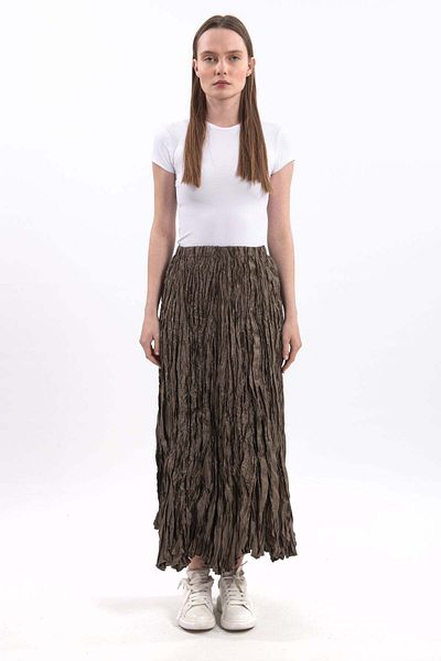 Hatun Atila Fusta maxi boemă din satin lucios pliat importat kaki pentru femei, talie înaltă, design elegant și confortabil