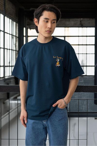 Valiberta Pocket Printed Two Thread Fabric Cotton Oversize Men's T-Shirt - Prussian Blue