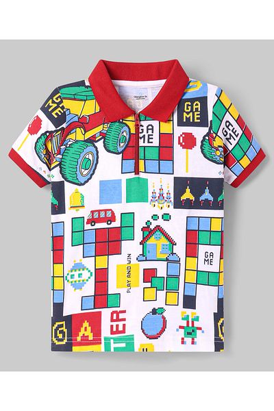 Ollington St. Ollington St. Cotton Knit Half Sleeves Collared T-Shirt & Joggers Set Games Printed - Red & White