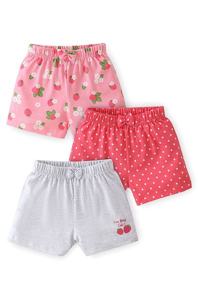 Babyhug Babyhug Cotton Knit Polka Dots & Berries Printed Shorts Pack of 3 - Pink Red & Grey
