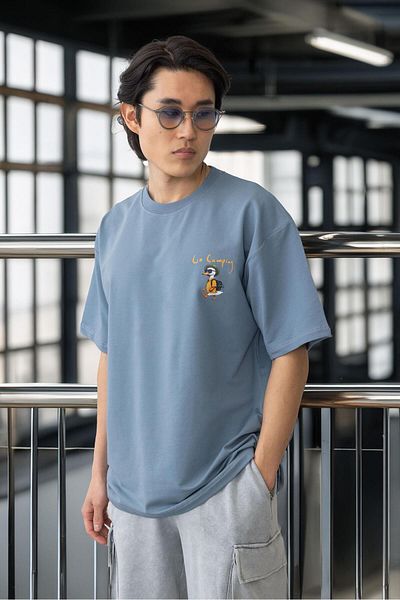 Valiberta Pocket Printed Two Thread Fabric Cotton Oversize Men's T-Shirt - Cold Blue