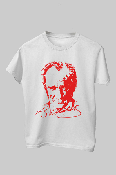 Çapıt Pamuklu Standart Kesim Sıfır Yaka Kısa Kollu Kırmızı Atatürk Baskılı Be...