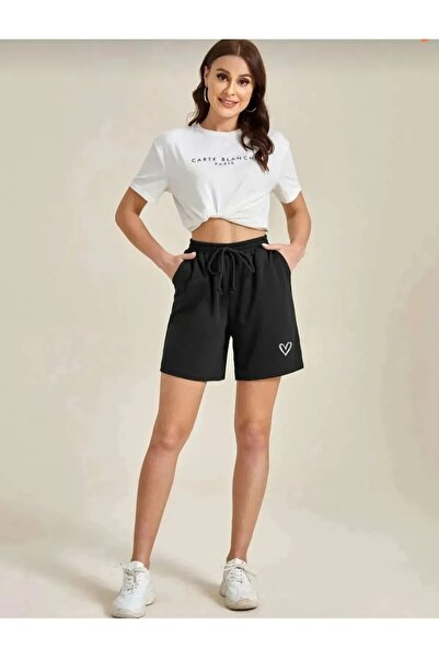 stg spor toptan giyim Women's Black Heart Printed Combed Shorts