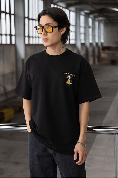 Valiberta Pocket Printed Two Thread Fabric Cotton Oversize Men's T-Shirt - Black