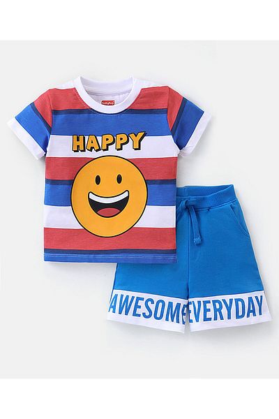Babyhug طقم بيبي هاج من تي شيرت وشورت بأكمام قصيرة من قماش جيرسي محبوك، بخطوط ورسومات إيموجي - أحمر وأبيض وأزرق