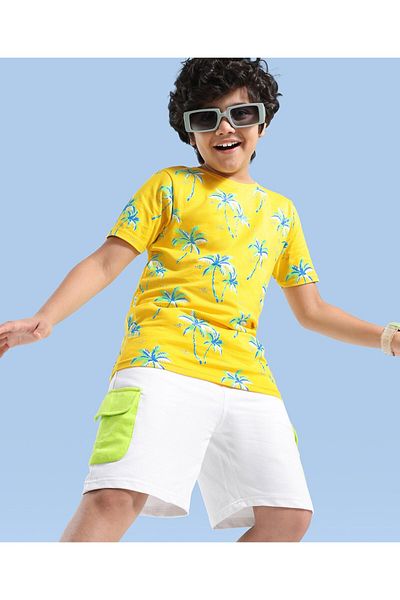 Ollington St. Ollington St. 100% Cotton Knit Half Sleeves T-Shirt & Shorts Set Tropical Trees Print-Yellow & White