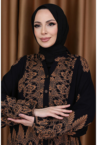 sefamerve Balon Kol Çini Desen Elbise 5575-05 Siyah