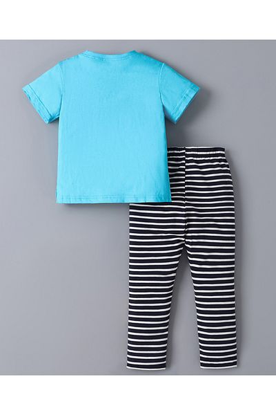 SAPS SAPS 100% Cotton Sunflower Patch Applique Short Sleeves T-Shirt & Striped Leggings Set - Blue