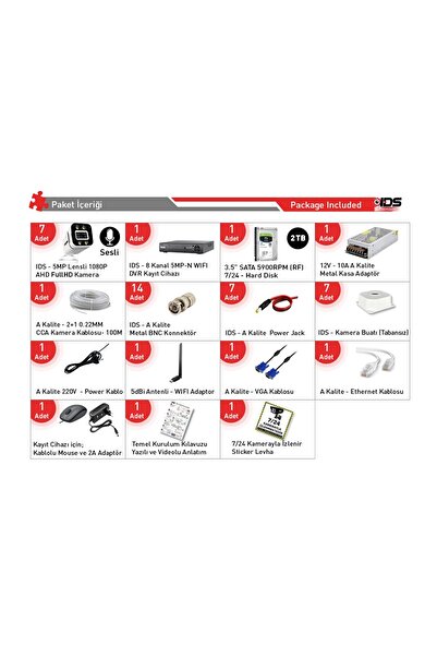 IDS SESLİ - 7 KAMERALI FULLHD GECE RENKLİ VE IŞIKLI GÜVENLİK KAMERASI - KAMERA SETİ 2TB DİSK
