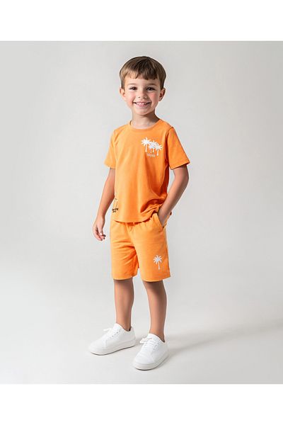 Primo Gino Primo Gino 100% Cotton Half Sleeves T-Shirt & Shorts Set With Placement Print - Yellow