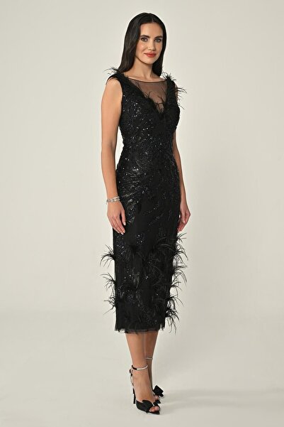 ALFABETA V Yaka Kolsuz Otrişli Payet Midi Elbise