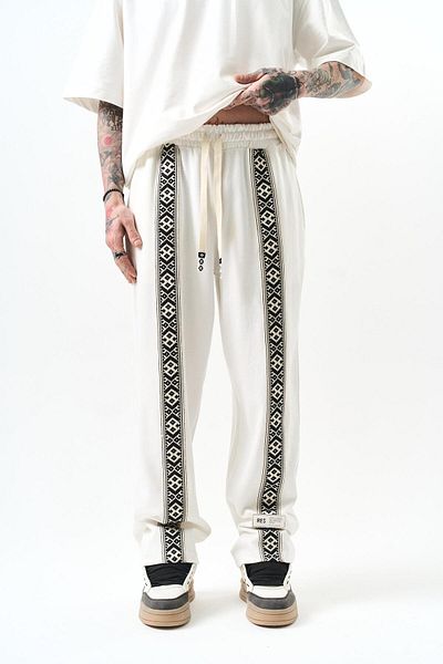 Respire Ανδρικό Ethnic Stripe με λεπτομερή Interlock φαρδύ φούτερ εκρού