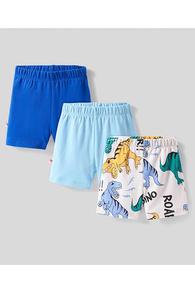 Bonfino Bonfino 100% Cotton Knit Above Knee Length Shorts Solid Colour&Dino Print Pack of 3-Blue&Off White