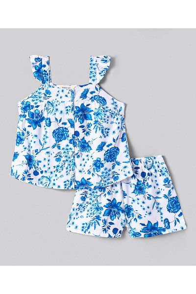 Bonfino Bonfino Viscose Woven Sleeveless Front Open Top & Shorts Co-Ord Set With Floral Print - Blue