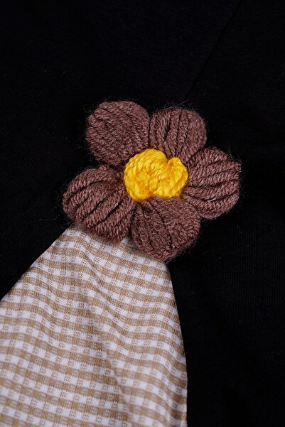 zepkids Short Sleeve Floral Embroidered Beige Color Girls' Tights Suit with Colorful Ribbon Detail